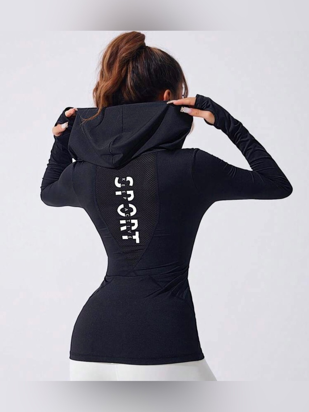 SHEIN DUBERA Black Hooded Activewear Top Long Sleeve Fitted Stretch Yoga Running